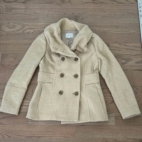 LOFT Jackets Coats Loft Womens Cream Herringbone Pea Coat